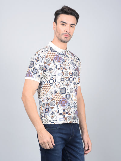 Navy Blue Printed Polo Neck Cotton T-Shirt-Men T-Shirts-Crimsoune Club