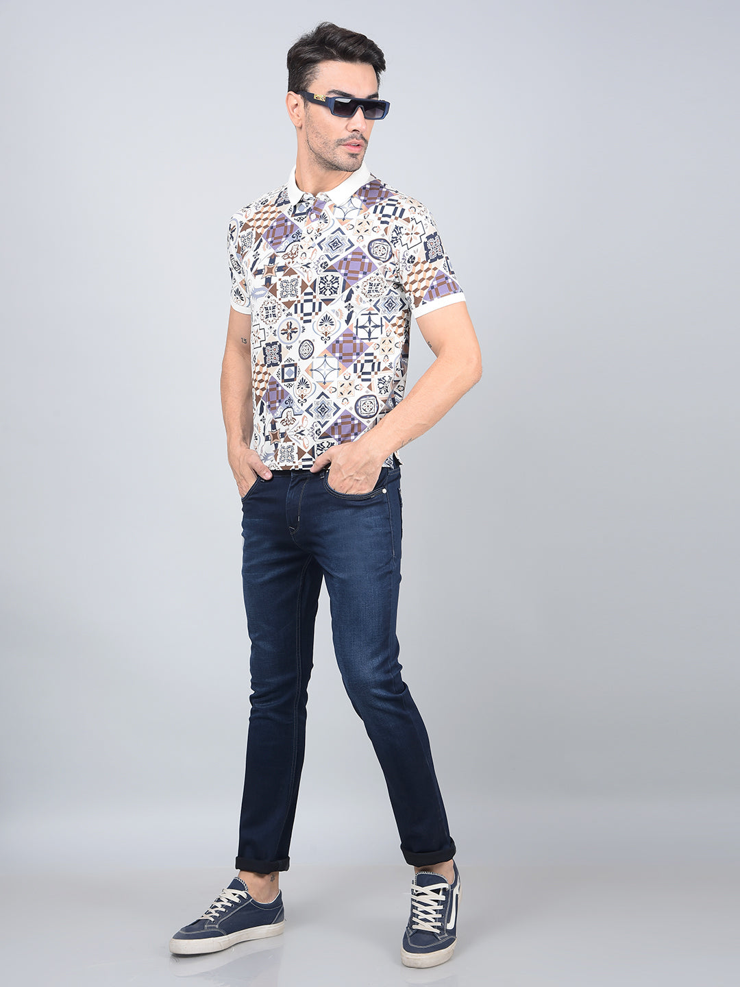 Navy Blue Printed Polo Neck Cotton T-Shirt-Men T-Shirts-Crimsoune Club