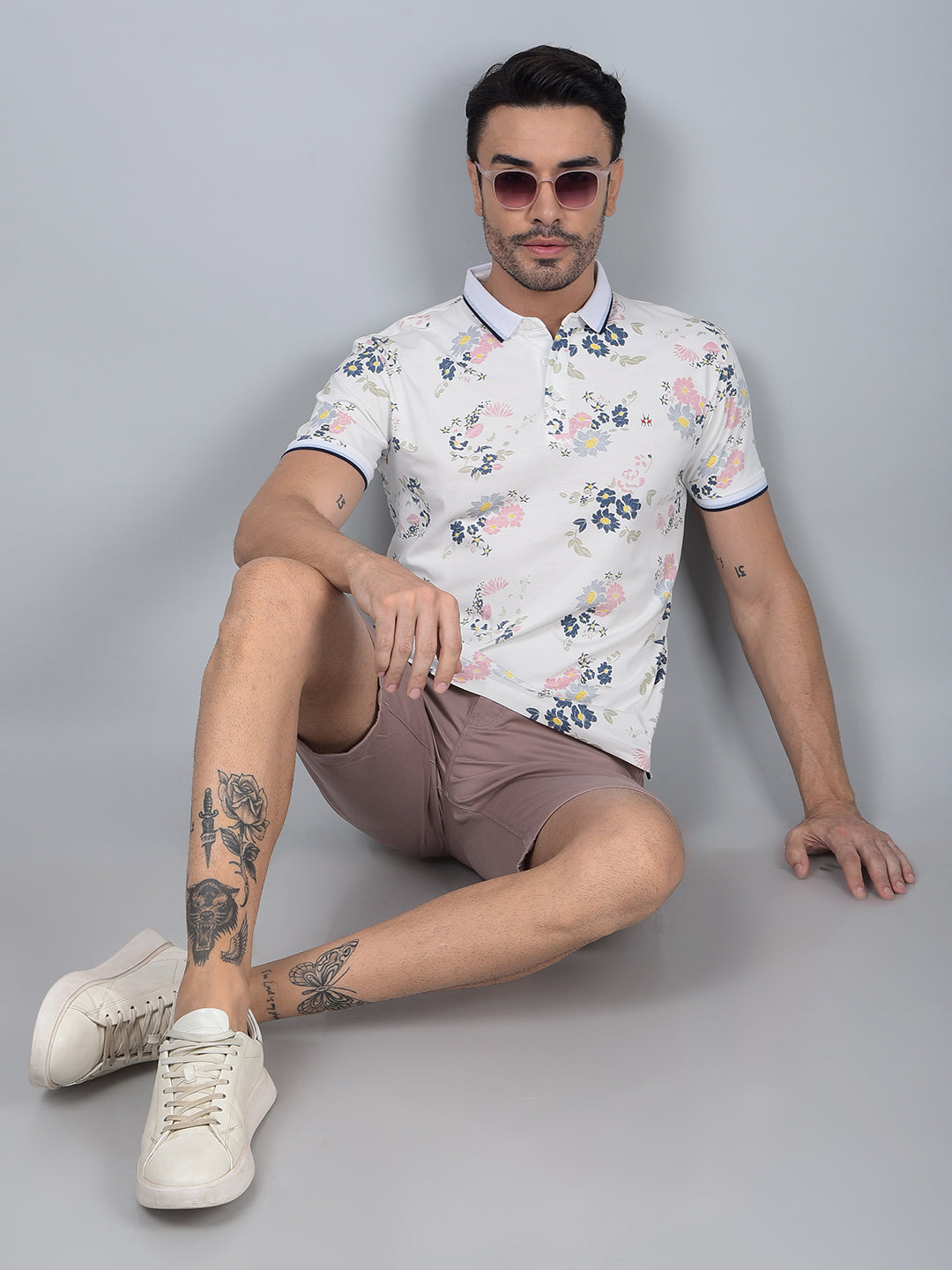 White Floral Print Polo Neck T-Shirt-Men T-Shirts-Crimsoune Club