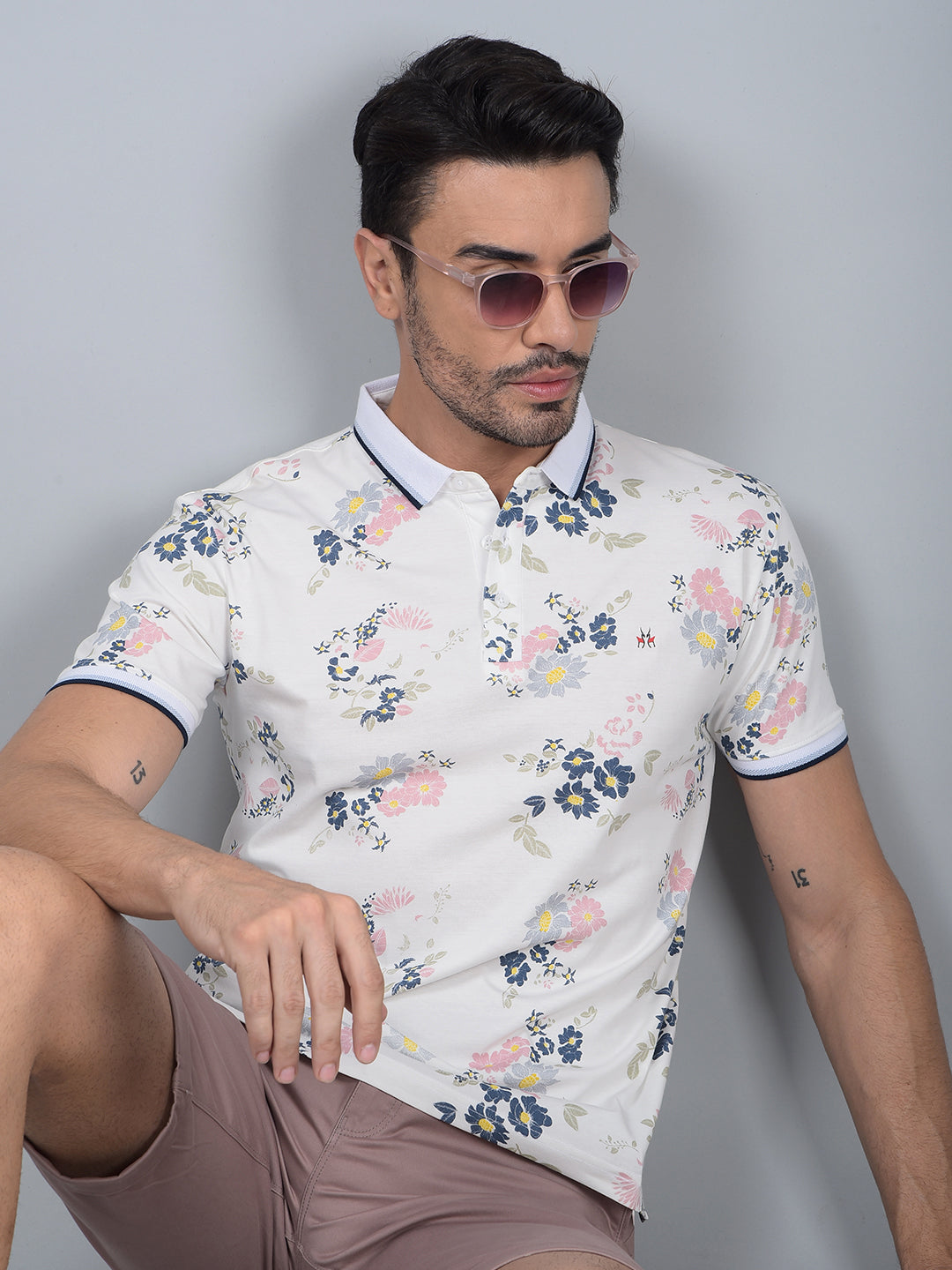 White Floral Print Polo Neck T-Shirt-Men T-Shirts-Crimsoune Club