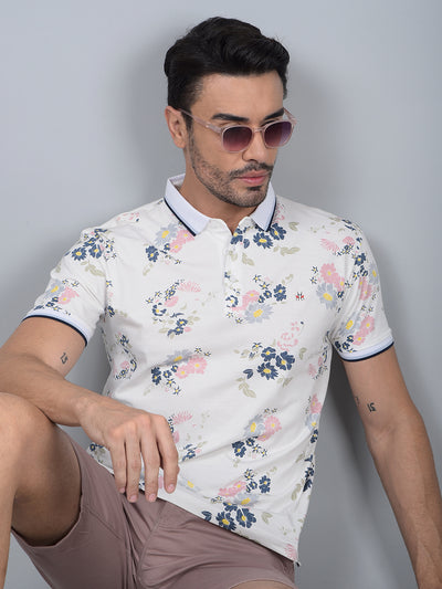 White Floral Print Polo Neck T-Shirt-Men T-Shirts-Crimsoune Club