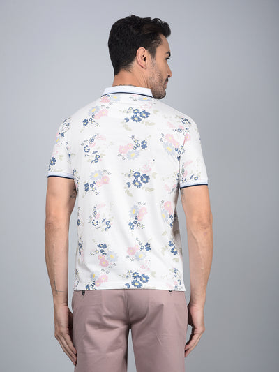 White Floral Print Polo Neck T-Shirt-Men T-Shirts-Crimsoune Club