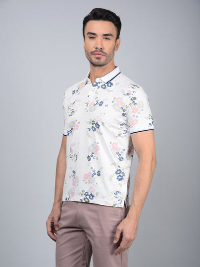 White Floral Print Polo Neck T-Shirt-Men T-Shirts-Crimsoune Club