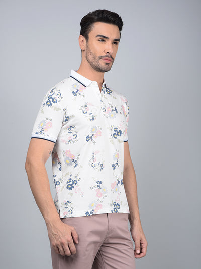White Floral Print Polo Neck T-Shirt-Men T-Shirts-Crimsoune Club