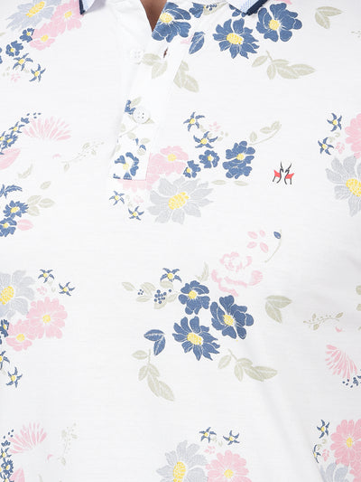 White Floral Print Polo Neck T-Shirt-Men T-Shirts-Crimsoune Club