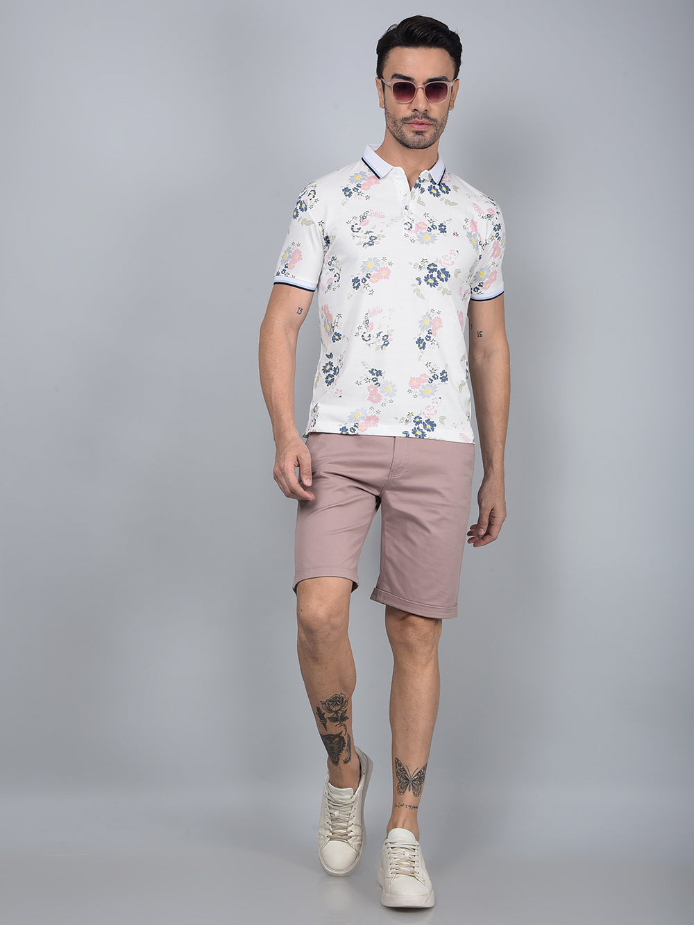 White Floral Print Polo Neck T-Shirt-Men T-Shirts-Crimsoune Club