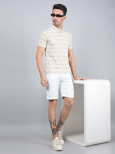 Beige Horizontal Stripes Polo Neck T-Shirt-Men T-Shirts-Crimsoune Club