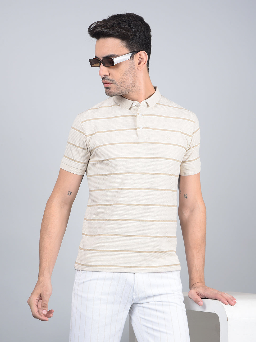 Beige Horizontal Stripes Polo Neck T-Shirt-Men T-Shirts-Crimsoune Club