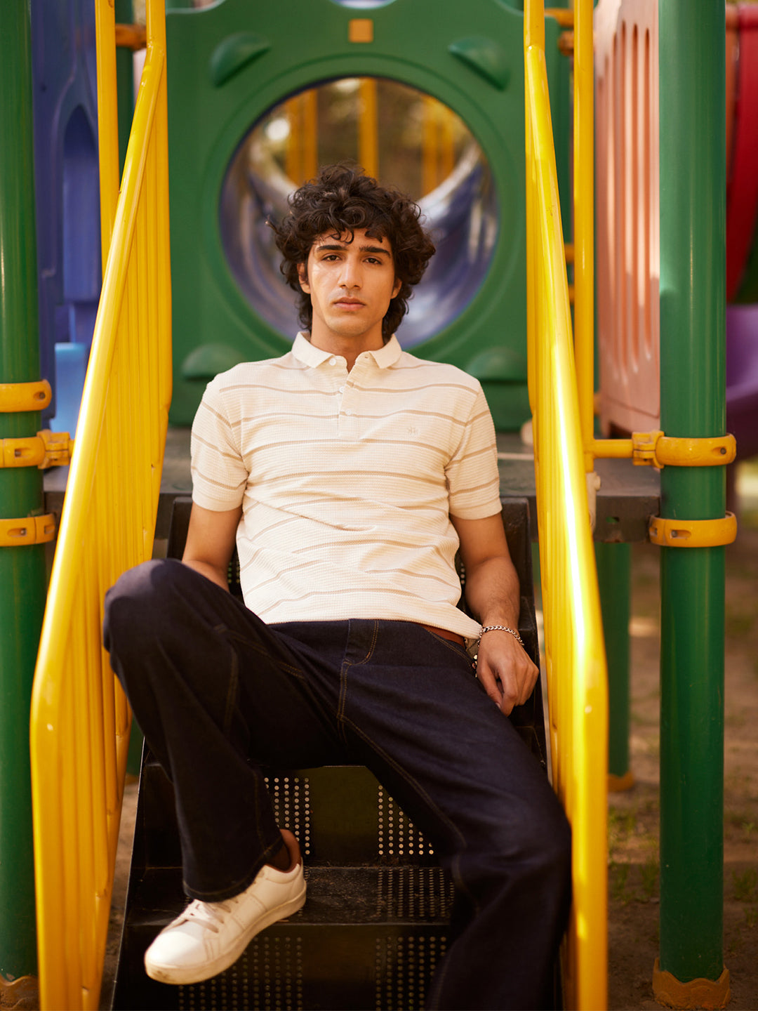 Beige Horizontal Stripes Polo Neck T-Shirt-Men T-Shirts-Crimsoune Club