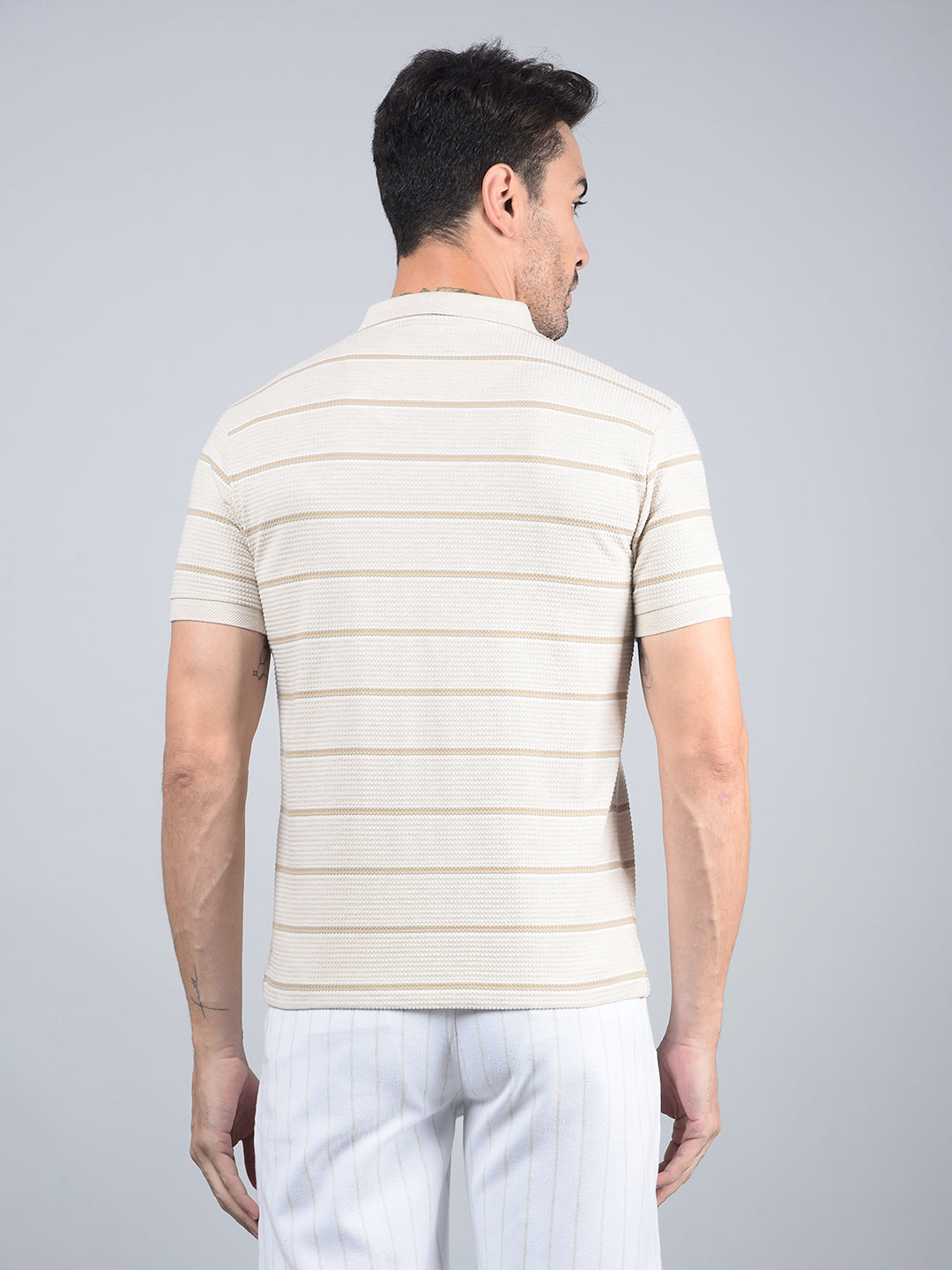 Beige Horizontal Stripes Polo Neck T-Shirt-Men T-Shirts-Crimsoune Club