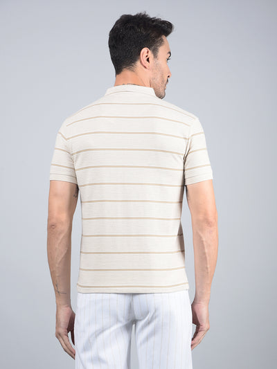 Beige Horizontal Stripes Polo Neck T-Shirt-Men T-Shirts-Crimsoune Club
