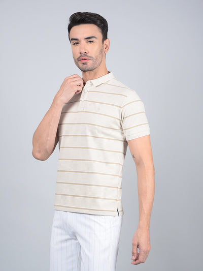 Beige Horizontal Stripes Polo Neck T-Shirt-Men T-Shirts-Crimsoune Club