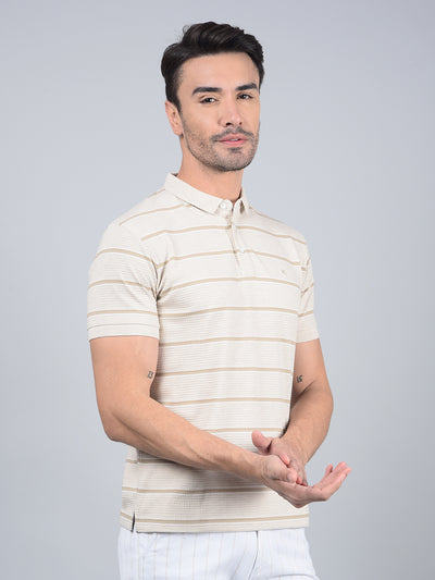 Beige Horizontal Stripes Polo Neck T-Shirt-Men T-Shirts-Crimsoune Club