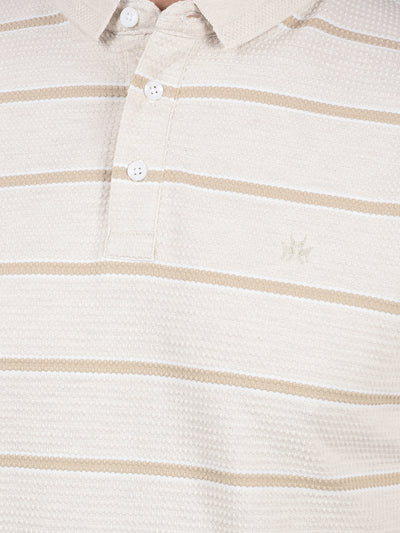 Beige Horizontal Stripes Polo Neck T-Shirt-Men T-Shirts-Crimsoune Club