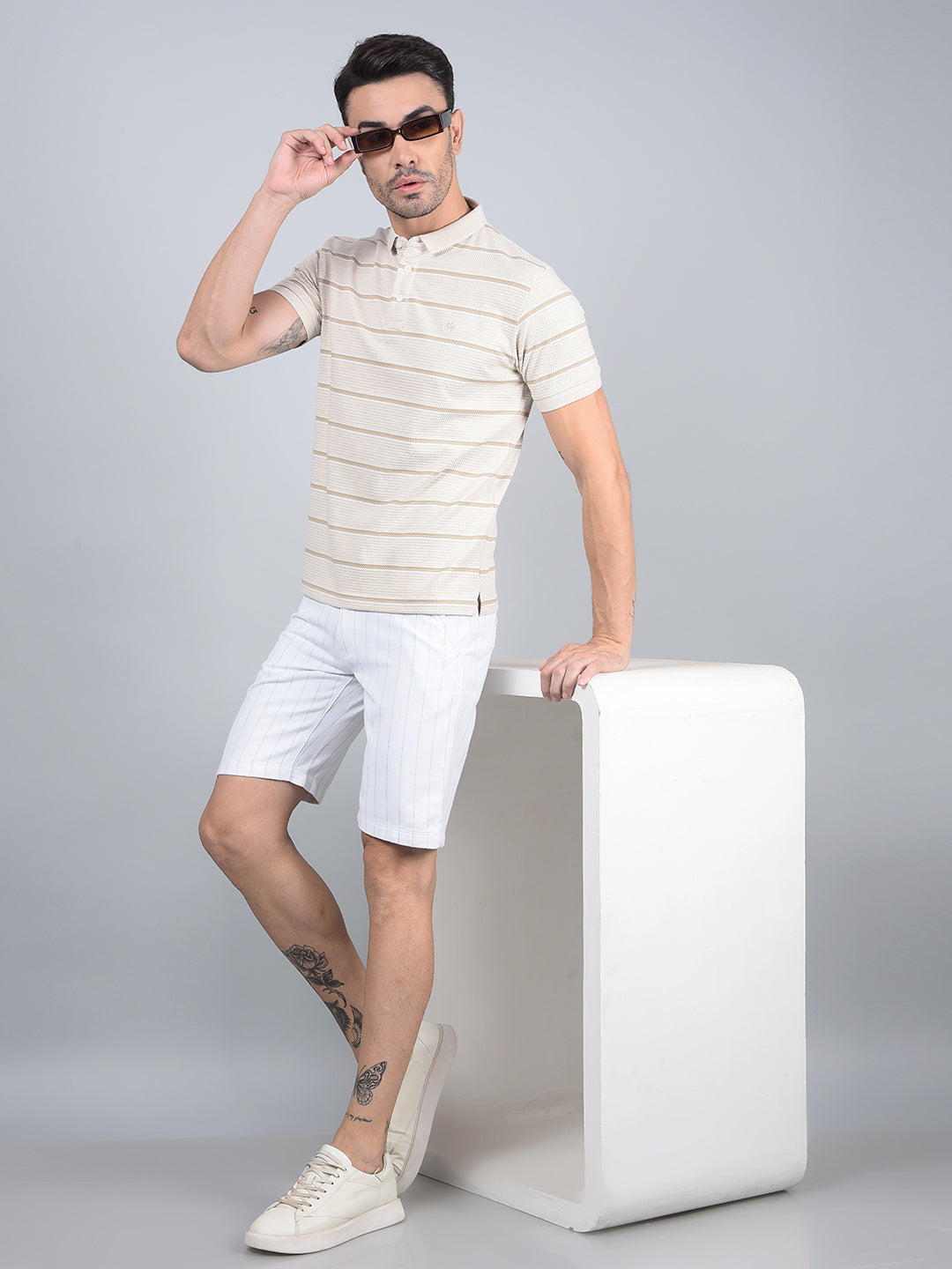 Beige Horizontal Stripes Polo Neck T-Shirt-Men T-Shirts-Crimsoune Club