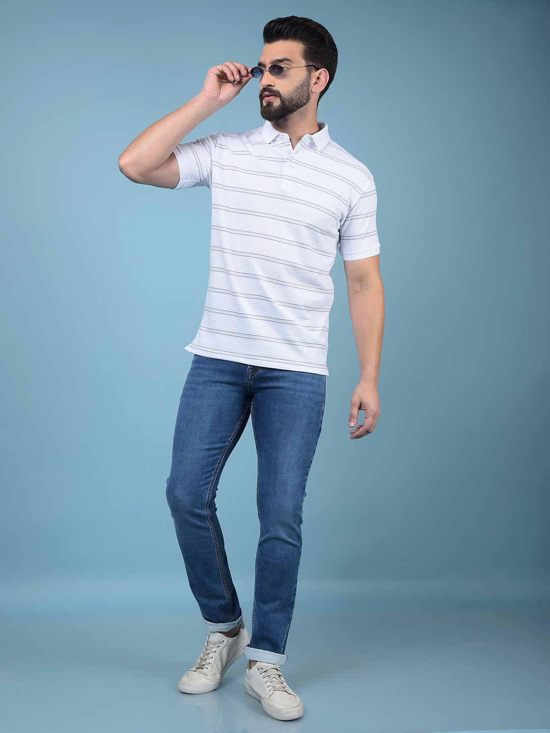 White Horizontal Stripes Polo-Neck T-Shirt-Men T-Shirts-Crimsoune Club