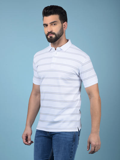 White Horizontal Stripes Polo-Neck T-Shirt-Men T-Shirts-Crimsoune Club