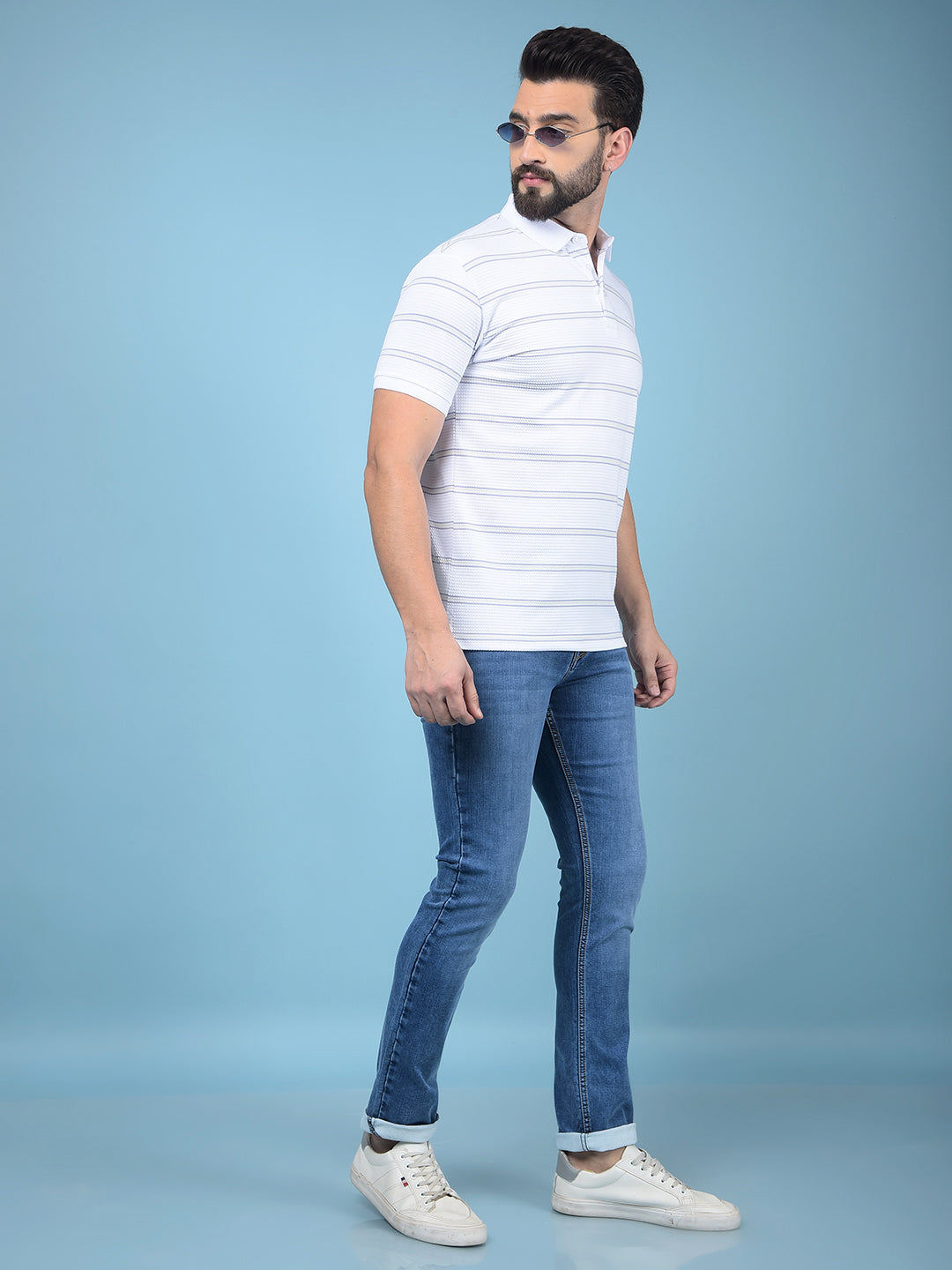 White Horizontal Stripes Polo-Neck T-Shirt-Men T-Shirts-Crimsoune Club