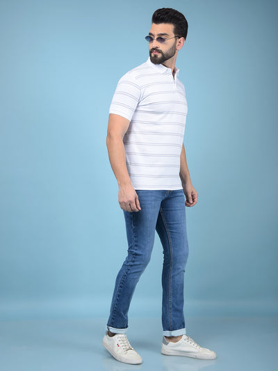White Horizontal Stripes Polo-Neck T-Shirt-Men T-Shirts-Crimsoune Club