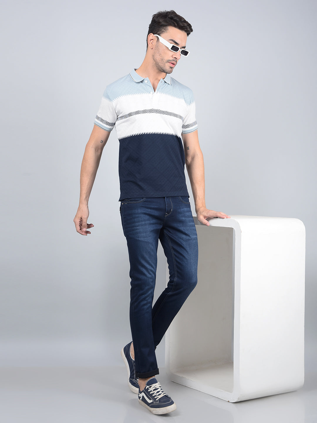 Blue Horizontal Stripes Polo Neck T-Shirt-Men T-Shirts-Crimsoune Club