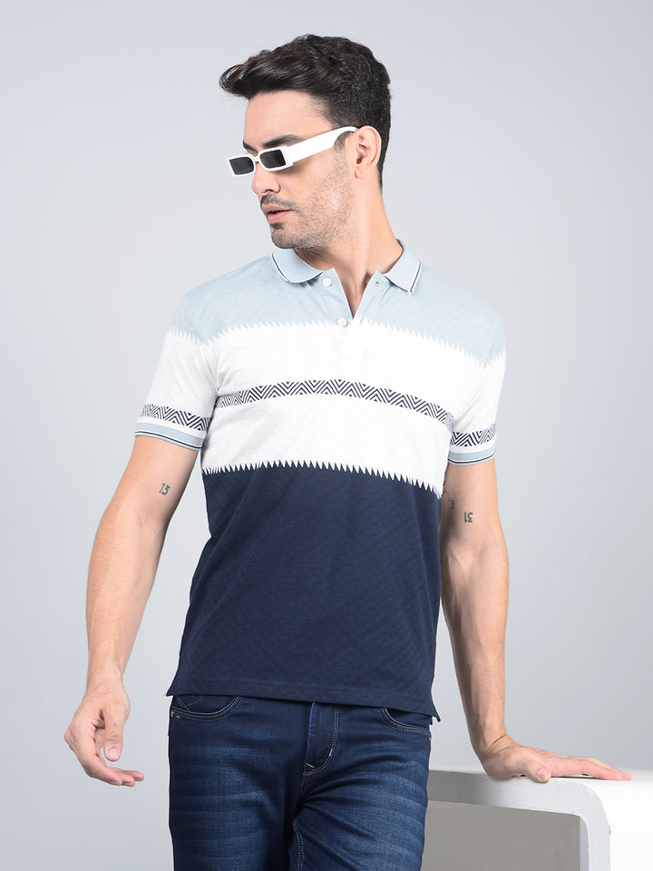 Blue Horizontal Stripes Polo Neck T-Shirt-Men T-Shirts-Crimsoune Club