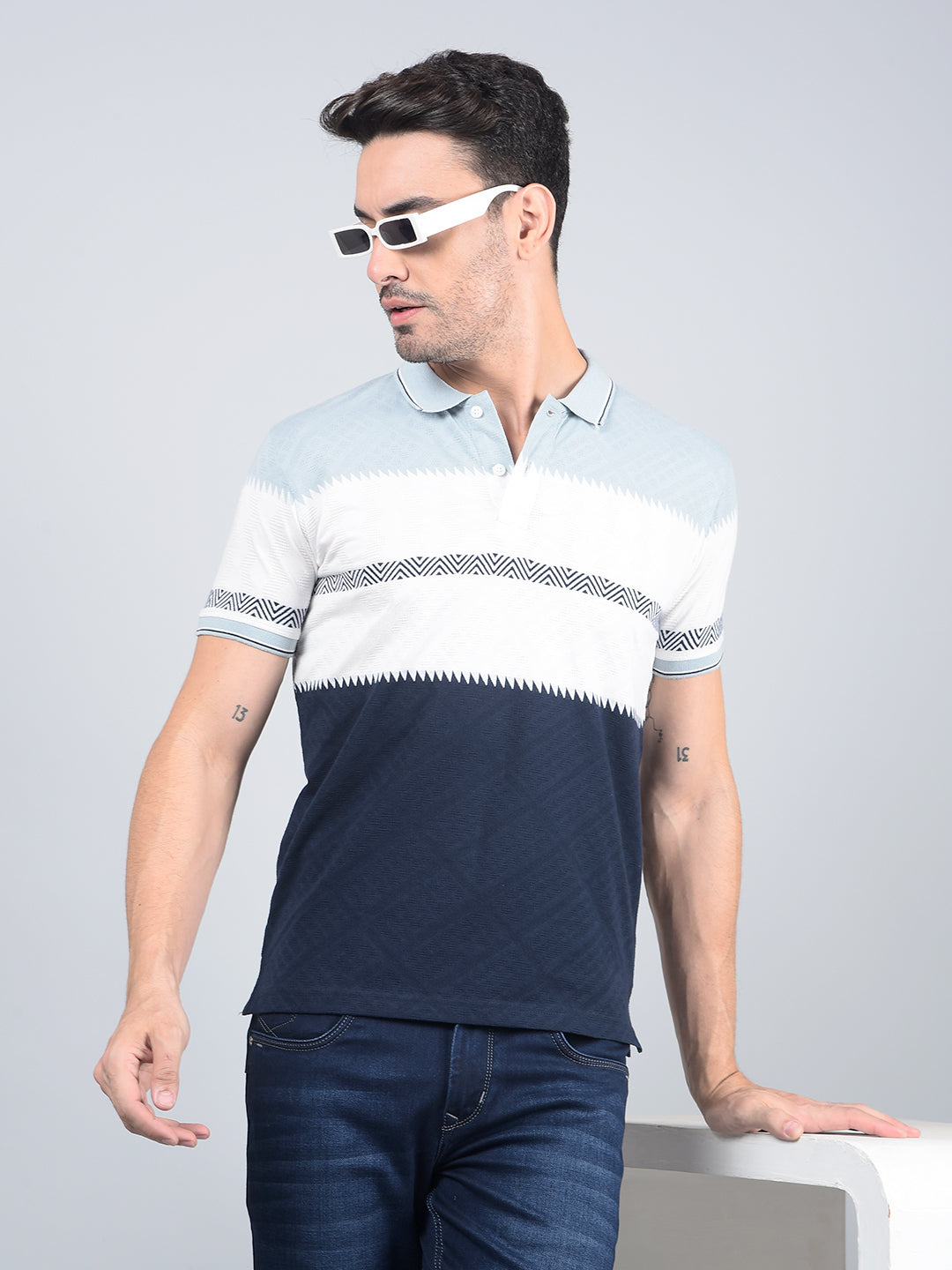Blue Horizontal Stripes Polo Neck T-Shirt-Men T-Shirts-Crimsoune Club