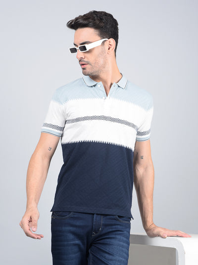Blue Horizontal Stripes Polo Neck T-Shirt-Men T-Shirts-Crimsoune Club