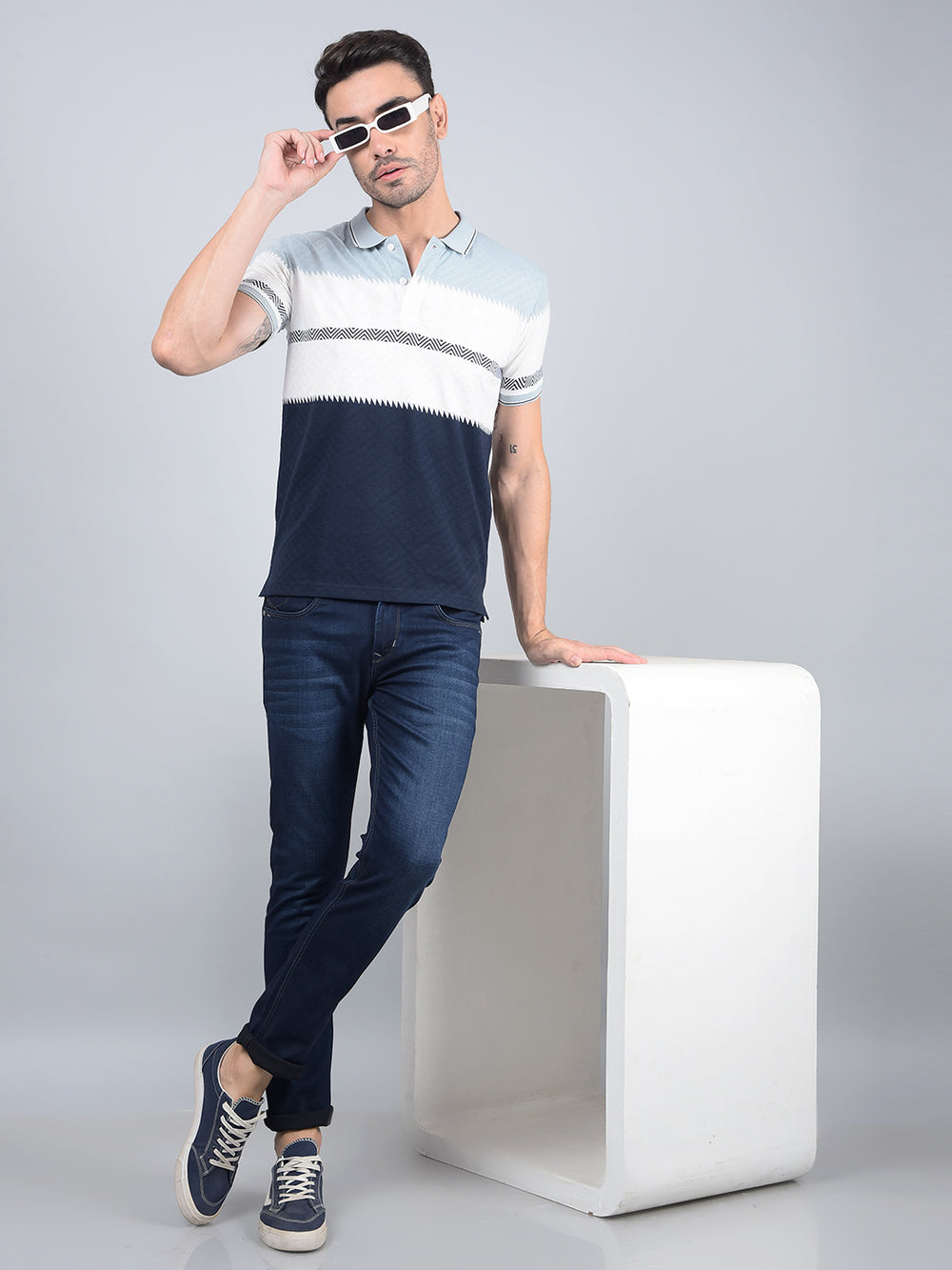 Blue Horizontal Stripes Polo Neck T-Shirt-Men T-Shirts-Crimsoune Club