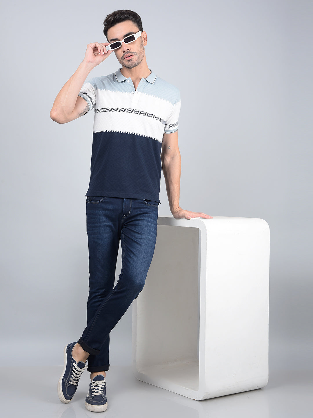 Blue Horizontal Stripes Polo Neck T-Shirt-Men T-Shirts-Crimsoune Club