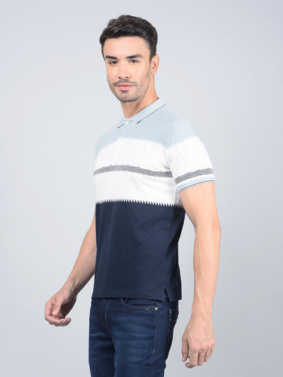 Blue Horizontal Stripes Polo Neck T-Shirt-Men T-Shirts-Crimsoune Club