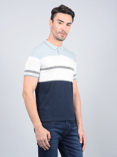 Blue Horizontal Stripes Polo Neck T-Shirt-Men T-Shirts-Crimsoune Club