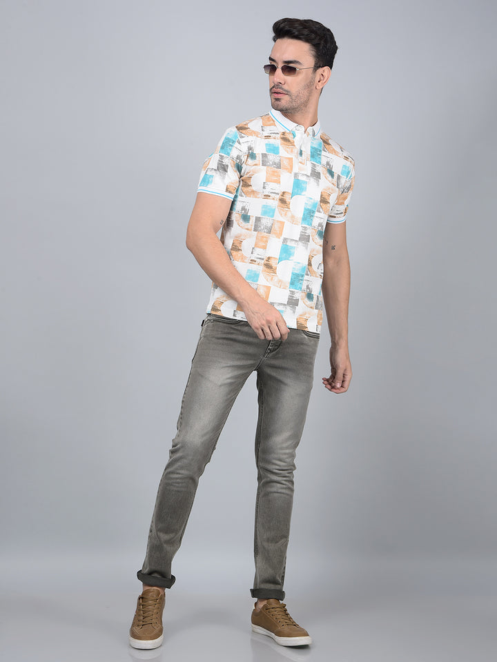 Brown Printed Polo Neck T-Shirt-Men T-Shirts-Crimsoune Club