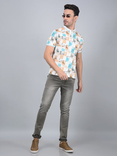 Brown Printed Polo Neck T-Shirt-Men T-Shirts-Crimsoune Club
