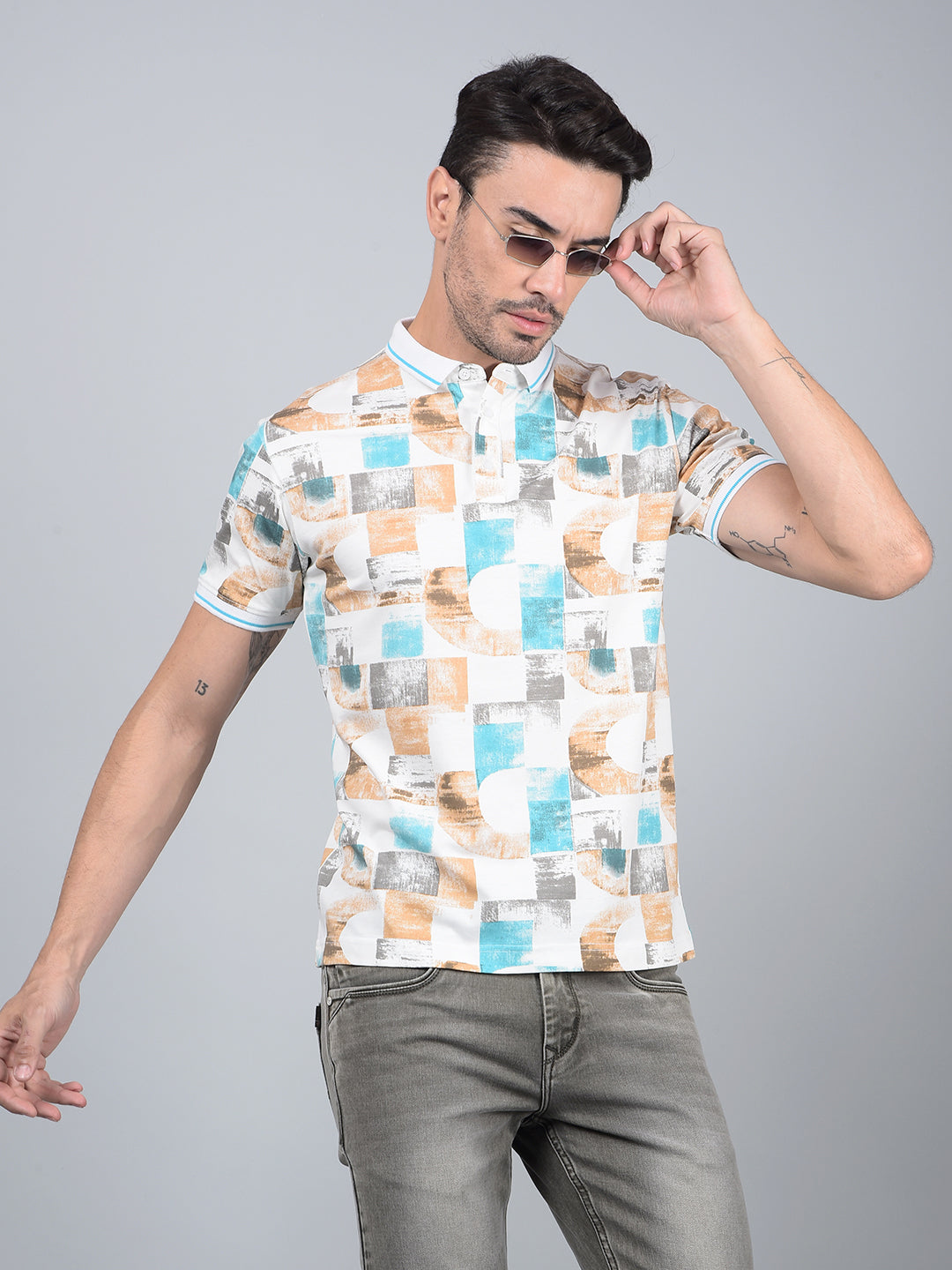 Brown Printed Polo Neck T-Shirt-Men T-Shirts-Crimsoune Club