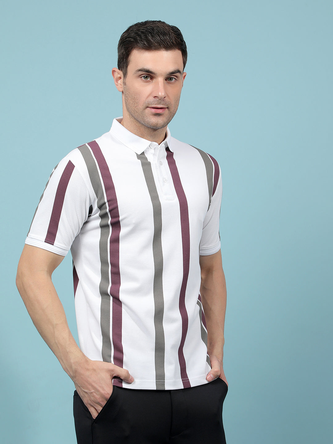 Multi-Color Vertical Stripes Polo-Neck T-Shirt-Men T-Shirts-Crimsoune Club