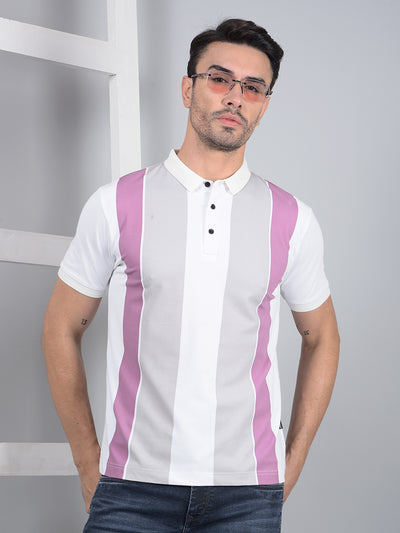 White Horizontal Stripes Polo Neck T-Shirt-Men T-Shirts-Crimsoune Club