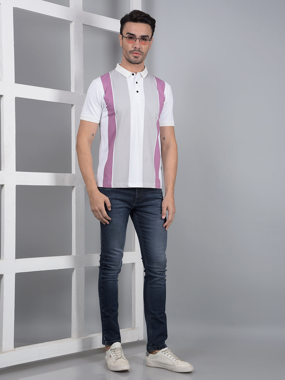 White Horizontal Stripes Polo Neck T-Shirt-Men T-Shirts-Crimsoune Club