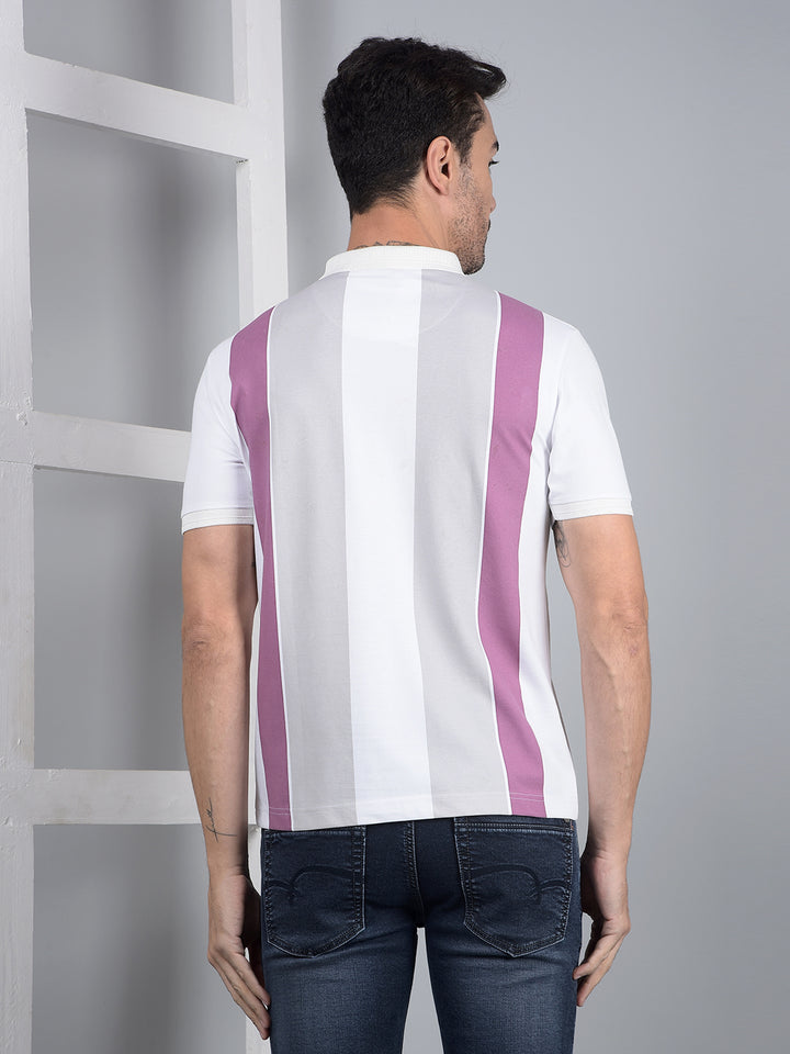 White Horizontal Stripes Polo Neck T-Shirt-Men T-Shirts-Crimsoune Club