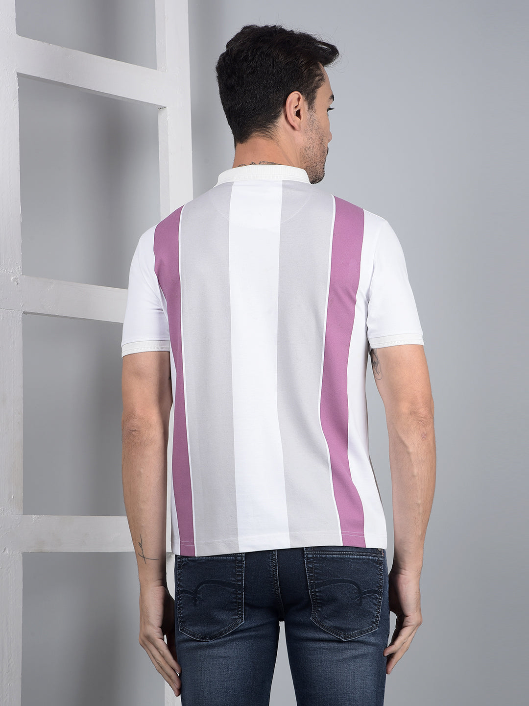 White Horizontal Stripes Polo Neck T-Shirt-Men T-Shirts-Crimsoune Club