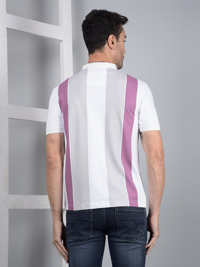 White Horizontal Stripes Polo Neck T-Shirt-Men T-Shirts-Crimsoune Club