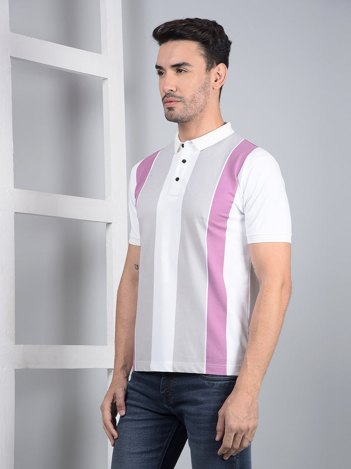 White Horizontal Stripes Polo Neck T-Shirt-Men T-Shirts-Crimsoune Club