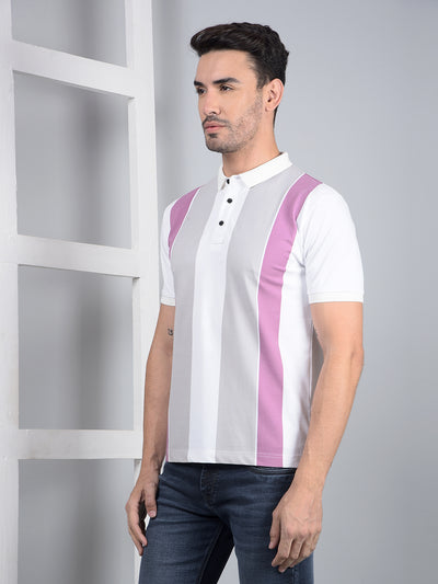 White Horizontal Stripes Polo Neck T-Shirt-Men T-Shirts-Crimsoune Club