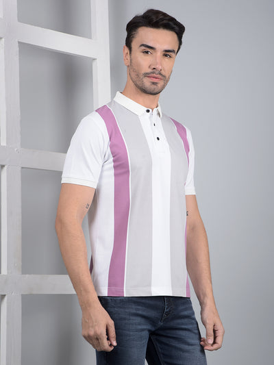 White Horizontal Stripes Polo Neck T-Shirt-Men T-Shirts-Crimsoune Club