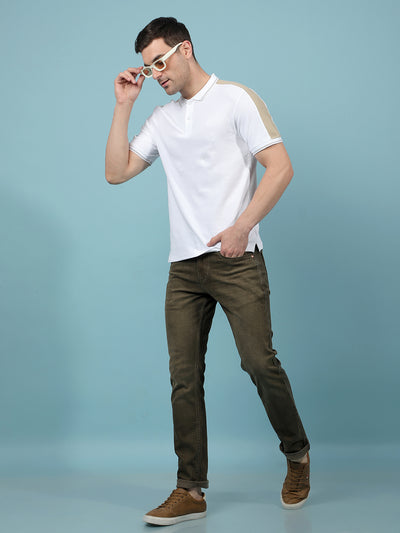 White Color-Blocked 100% Cotton Polo-Neck T-Shirt-Men T-Shirts-Crimsoune Club