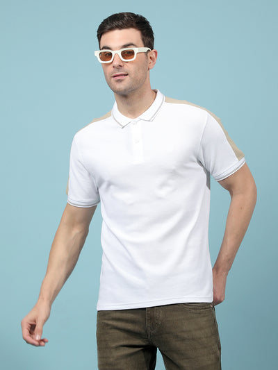 White Color-Blocked 100% Cotton Polo-Neck T-Shirt-Men T-Shirts-Crimsoune Club