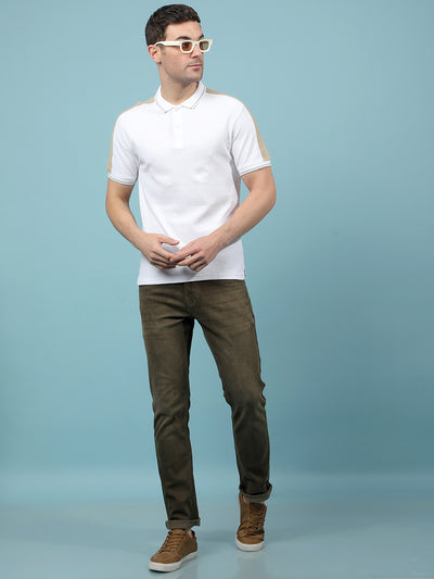 White Color-Blocked 100% Cotton Polo-Neck T-Shirt-Men T-Shirts-Crimsoune Club