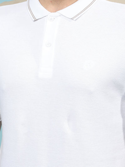 White Color-Blocked 100% Cotton Polo-Neck T-Shirt-Men T-Shirts-Crimsoune Club