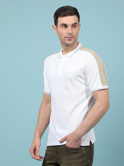 White Color-Blocked 100% Cotton Polo-Neck T-Shirt-Men T-Shirts-Crimsoune Club