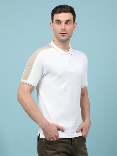 White Color-Blocked 100% Cotton Polo-Neck T-Shirt-Men T-Shirts-Crimsoune Club