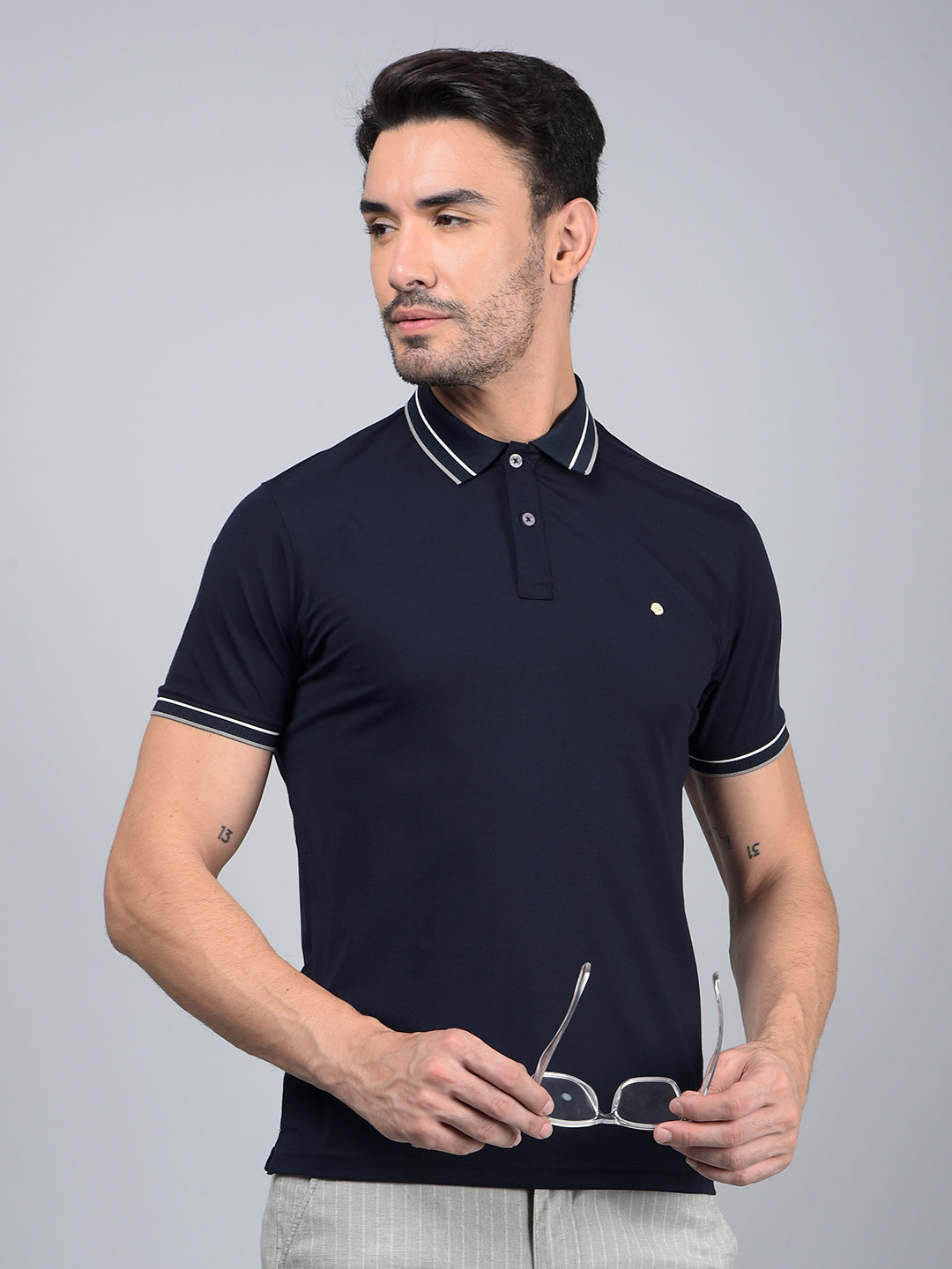Navy Blue Polo Neck T-Shirt-Men T-Shirts-Crimsoune Club
